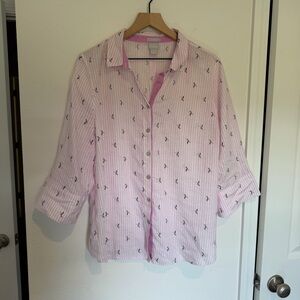 Chicos No Iron Linen Shirt US 16 Pink Stripe Hummingbird Print Button Up Summer